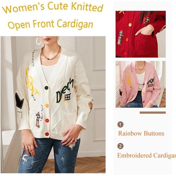 Women's Cute Cable Knit Open Front Kawaii Long Sleeve Button Embroidered Sweater - Picture 6 of 7